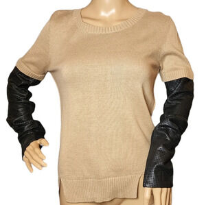 AIKO Black Leather Beige Cashmere Contrast Mixed Media Sweater Size Small